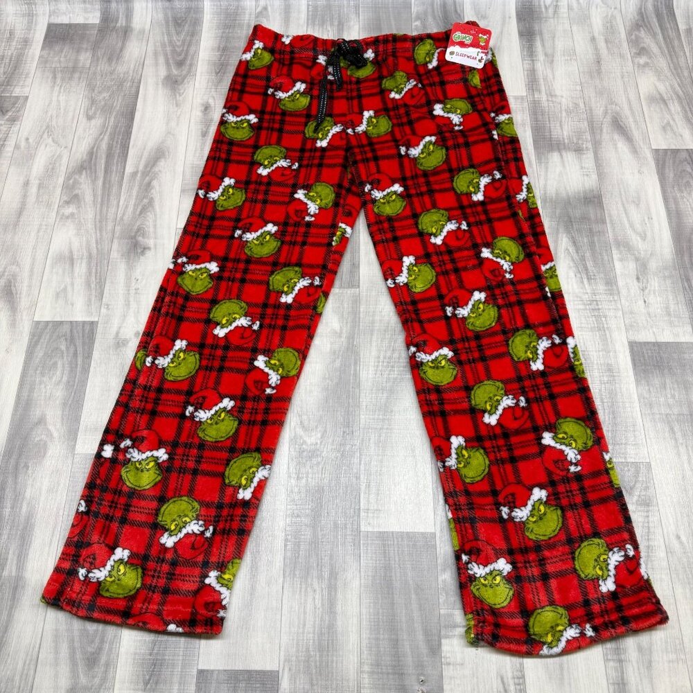 ✅ Womens XL  34 X 31 Dr Seuss' The Grinch Plaid Fleece Lounge Pants Red & Green